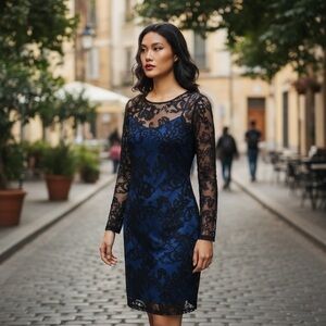 RICKIE FREEMAN TERI JON 10 Black Velvet Lace Blue Satin Dress R $690 NWT